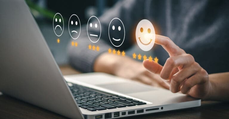 User give rating to service experience on online application for Customer review satisfaction feedback survey concept.