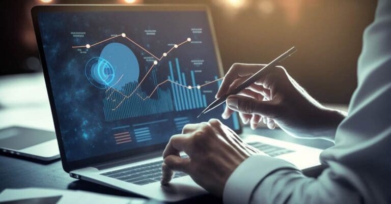Businessman working on laptop looking at data, graphs