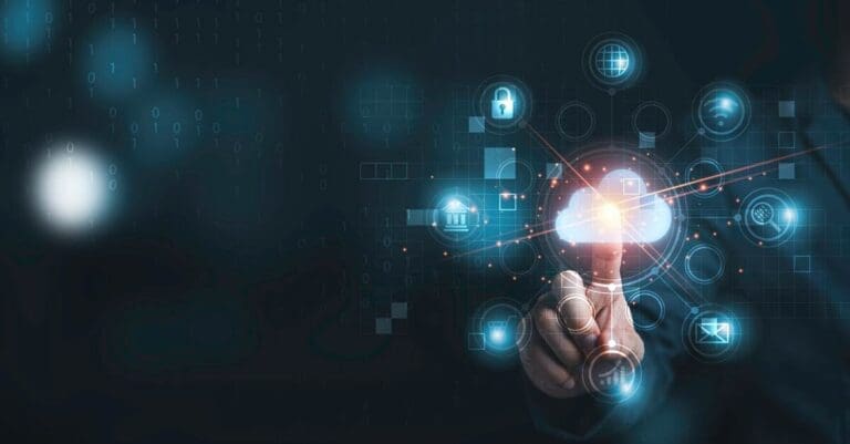 Hand touching infographic cloud computing and technology icons