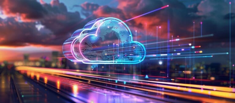 cloud computing with a speeding train on a city background Generative AI
