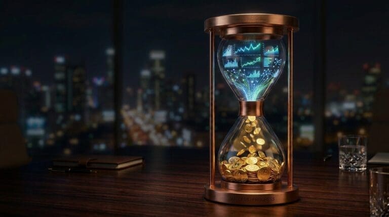 Cinematic close-up of a sophisticated, reflective hourglass made of glass and brushed