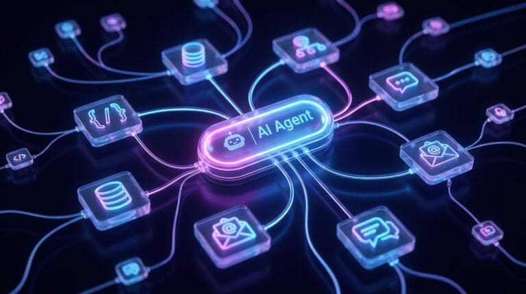 A technological 3D visualization of AI agentic workflow automation, nodes, and database triggers.