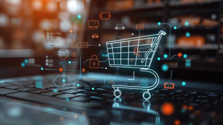 Hologram shopping cart on top of laptop, e-commerce concept