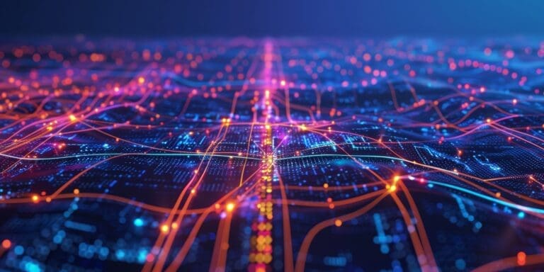 A high-tech digital roadmap visualized with bright, glowing lines and markers, mapping out the strategic direction for technology advancements and digital progress