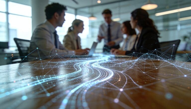 Image shows a group of diverse professionals collaboratively working around a conference table. Abstract lines and dots symbolizing data and connectivity flow across the table, creating a futuristic,